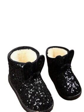 black sequin children's ankle boots with decorative bows and flat fur sole